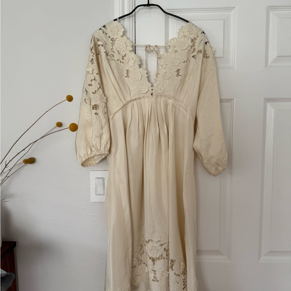 Silk BCBGMaxAzria Runway Cream Lace-Trim Midi Dress